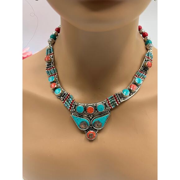 Tibetan Turquoise Coral Jewelry Set • Necklace Bracelet Earrings • Boho Artisan - Picture 2 of 6